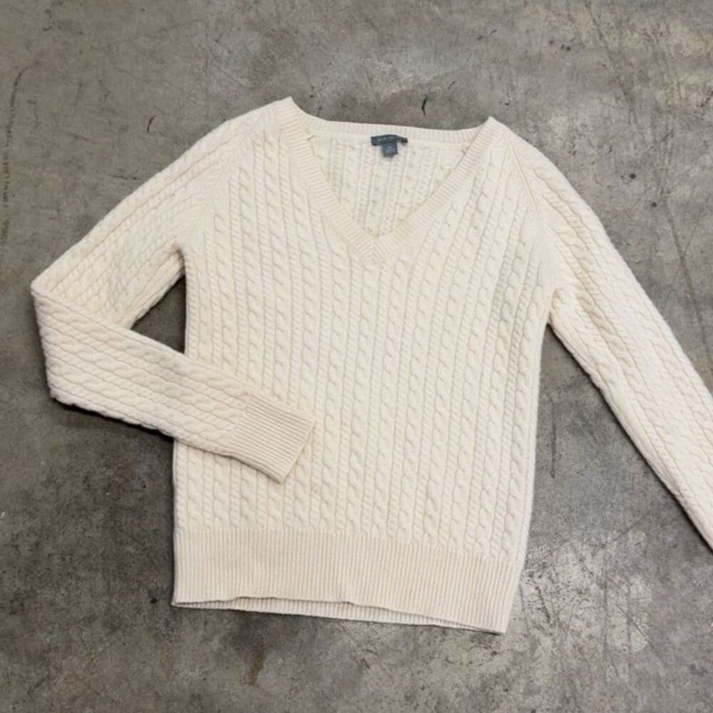 Ann Taylor 100% Cashmere Yellow Cable Knit V-Neck Sweater XS